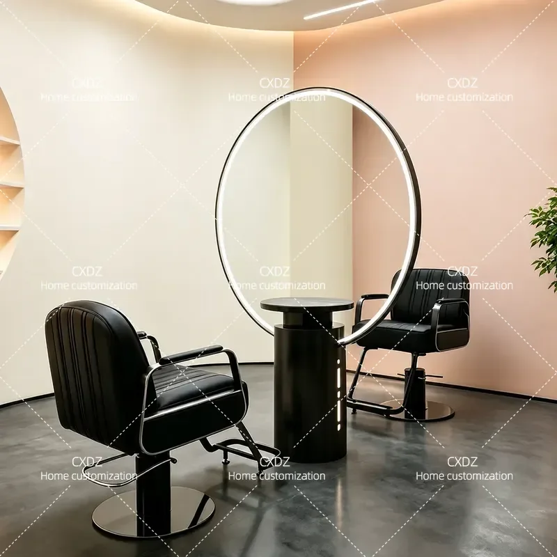 Double Sided Floor to Ceiling Mirror with Countertop Round Hair Cutting Mirror Table for Barber Shop Salon Perm Dyeing Area