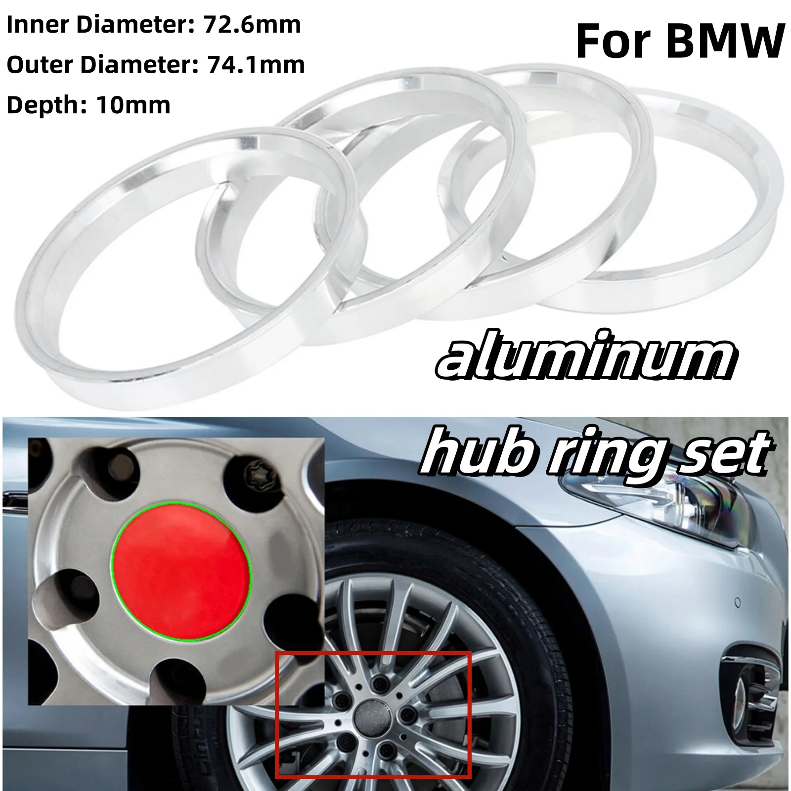 4pcs Car Hub Centric Rings Aluminum Hub Ring Set Wheel Hole 72.6mm-74.1mm 10mm For BMW 1/3/4/5/7 Series For X1 X3 X4 X6