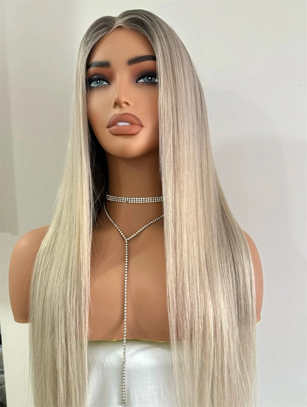 13x4 Middle Part Wig Women's Wig Ombre Ash Platinum Blonde Synthetic HD Lace Front Wig Heat Resistant Fiber Blended Human Hair