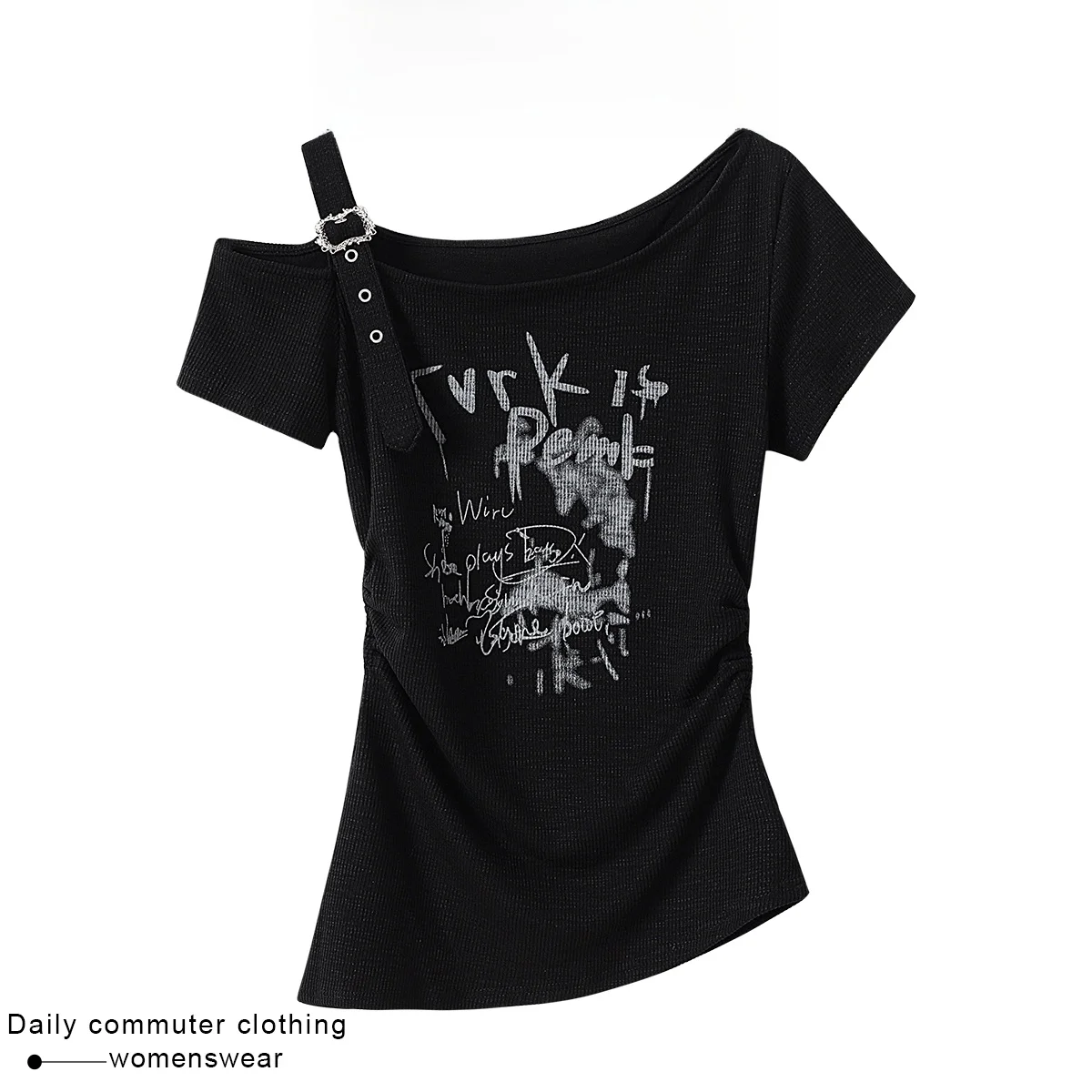Sweet Cool Shoulder Letter Y2K Short Sleeve T-Shirt Women's Summer New Uneven Pleat Slim Fit Upper Body Clothes Coshehkg