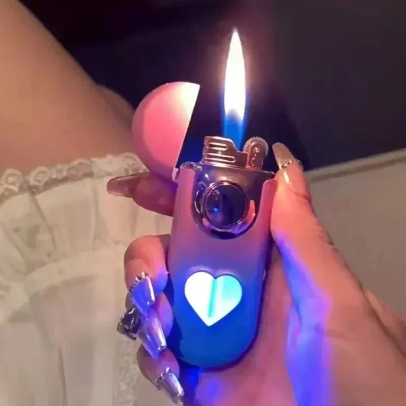 Creative Love Window Double Flame Lighter Grinding Wheel Butane Gas Heart Shaped Cigarette Lighter High Firepower Ignition Tool