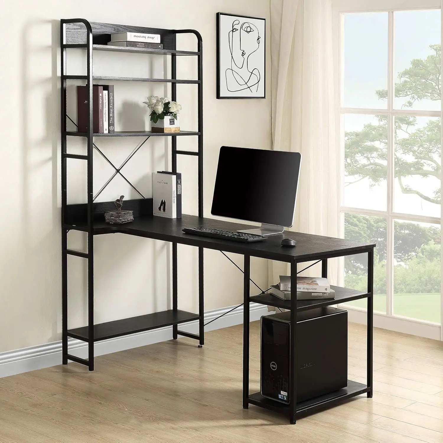 Home Office Computer Desk??Metal Frame And Mdf Board/5 Tier Open Bookshelf/Plenty Storage Space (Black)