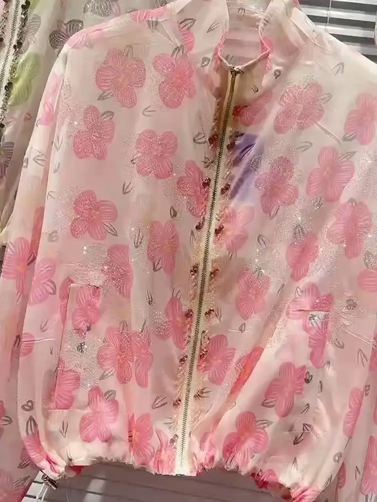 

Luxury Sparkle Sequins Rhinestones Women Summer Loose Casual Zipper Sunscreen Shirts Blouses Thin Outerwear Crop Tops Jacket