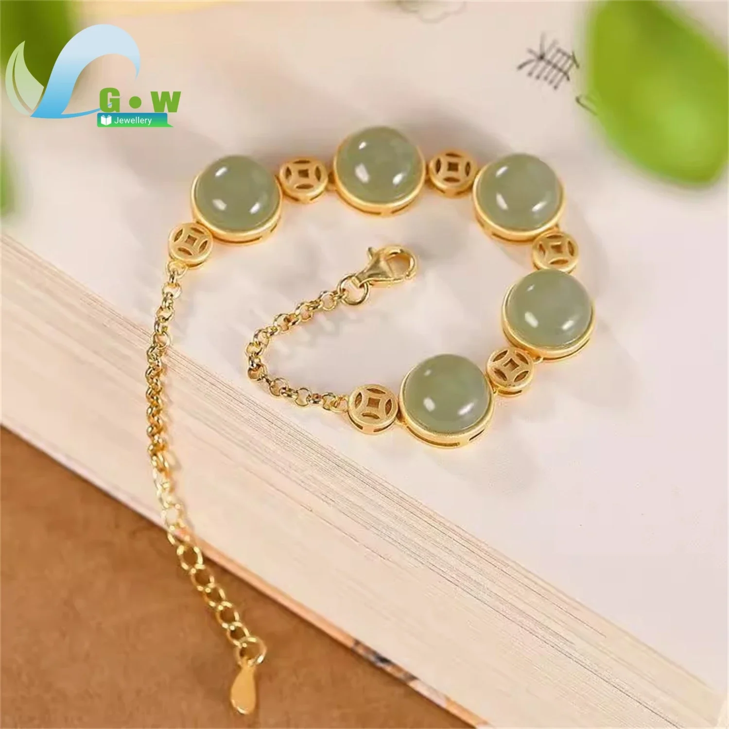 New Chinese Style Jade Peace Buckle Brass Hollow Coin Bracelet Retro Luxury Adjustable Women Jewelry Vintage Amulet Charm Gift