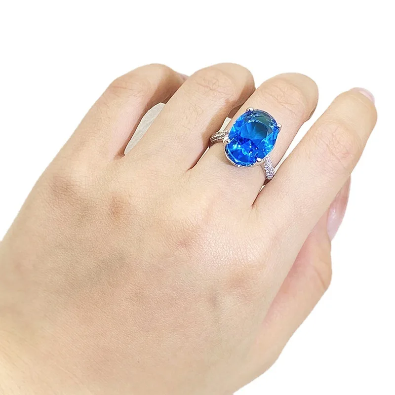 Classic Blue Geometric Oval Banquet Party Non-fade Ring Light Luxury Opening Adjustable Ladies 925 Sterling Silver Jewelry