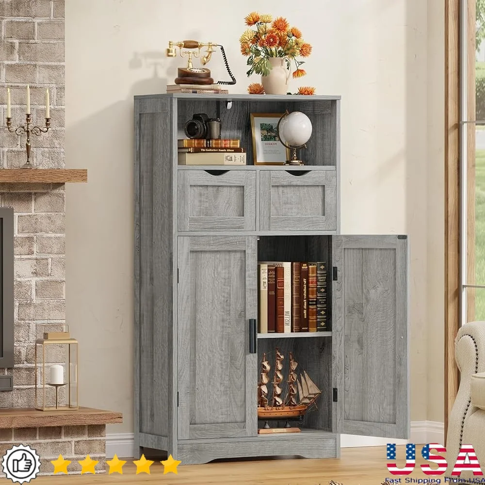 

Bathroom Cabinet with 2 Drawers Adjustable Shelf Storage Organizer Bathroom Living Room Home Office Grey Multi-Use Design
