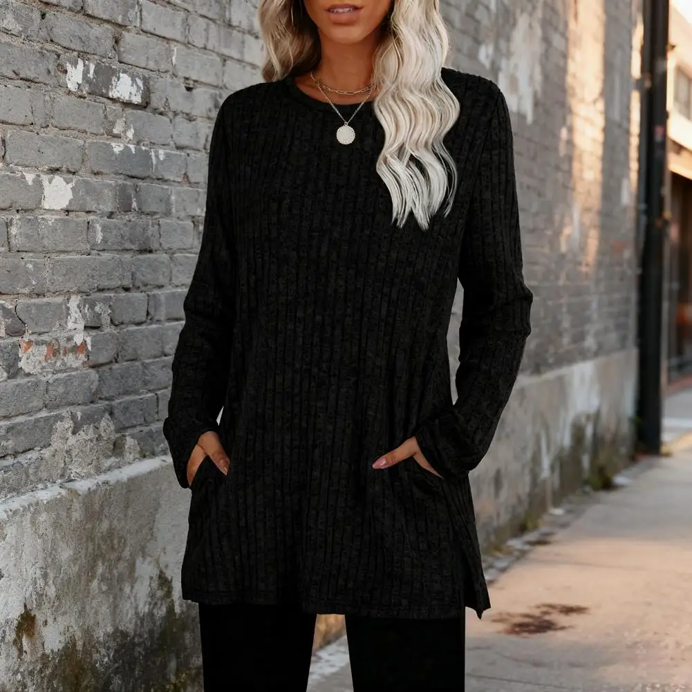 Round Neck Striped Blouse Women Tunic Tops Long Sleeve Knit Tops with Side Pockets Casual Striped Blouse Hidden Pocket Knitwear