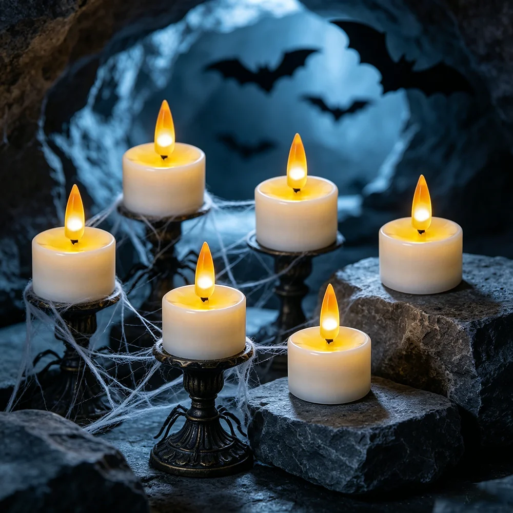 12Pcs Halloween LED Electronic Tea Wax, Yellow Flickering Flameless Candles, Party Atmosphere Lights, Halloween Photo Props