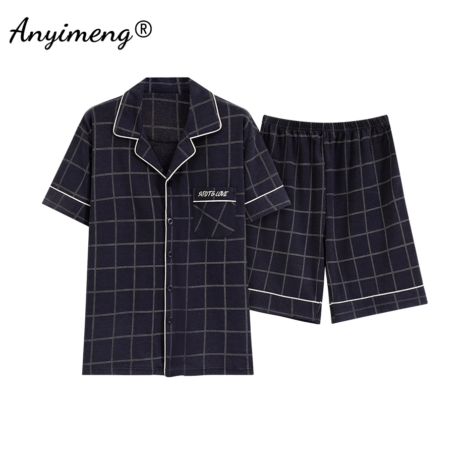 Plus Size L-5XL Plaid Pyjamas Men Cardigan Lapel Gentleman\'s Home Wear Summer Shorts Cotton Lounge Wear Pyjama Boy Sleepwear