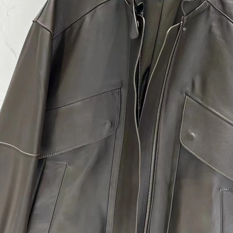 Cappotto con colletto rialzato in pelle di pecora Giacca corta con cerniera a maniche lunghe Giacca in pelle da donna