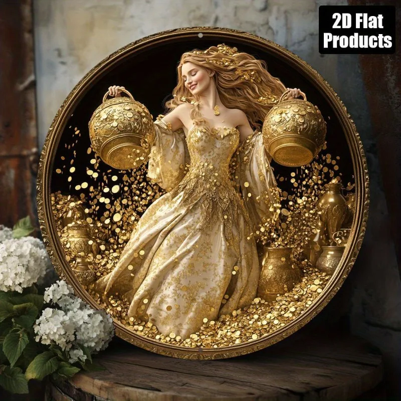 Goddess of Wealth Round Aluminum Sign Decorative Art,Suitable for Home,Office, Father'S Day, Mother'S Day, Perfect Holiday Gift