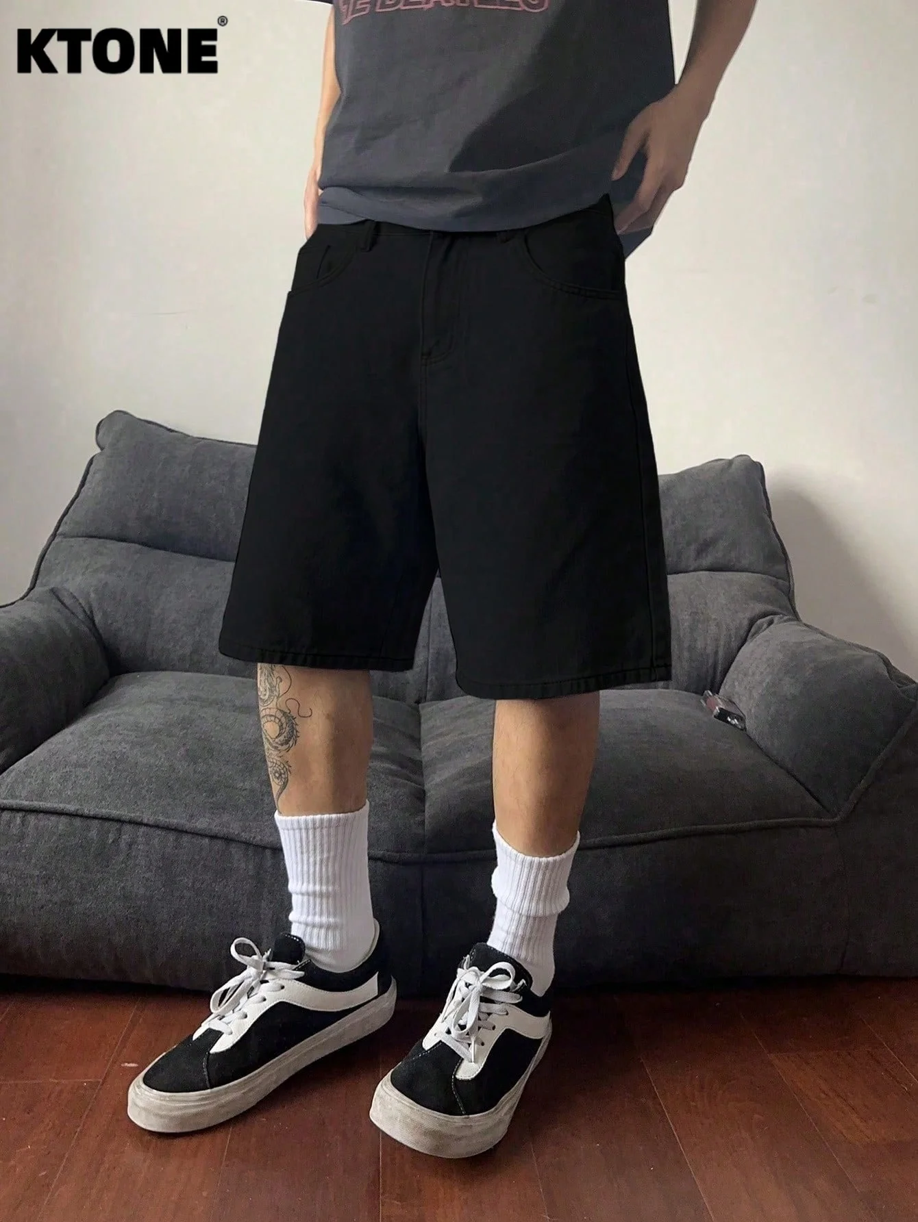 

Men casual loose black non stretch denim jorts solid color simple daily wear breathable straight leg shorts