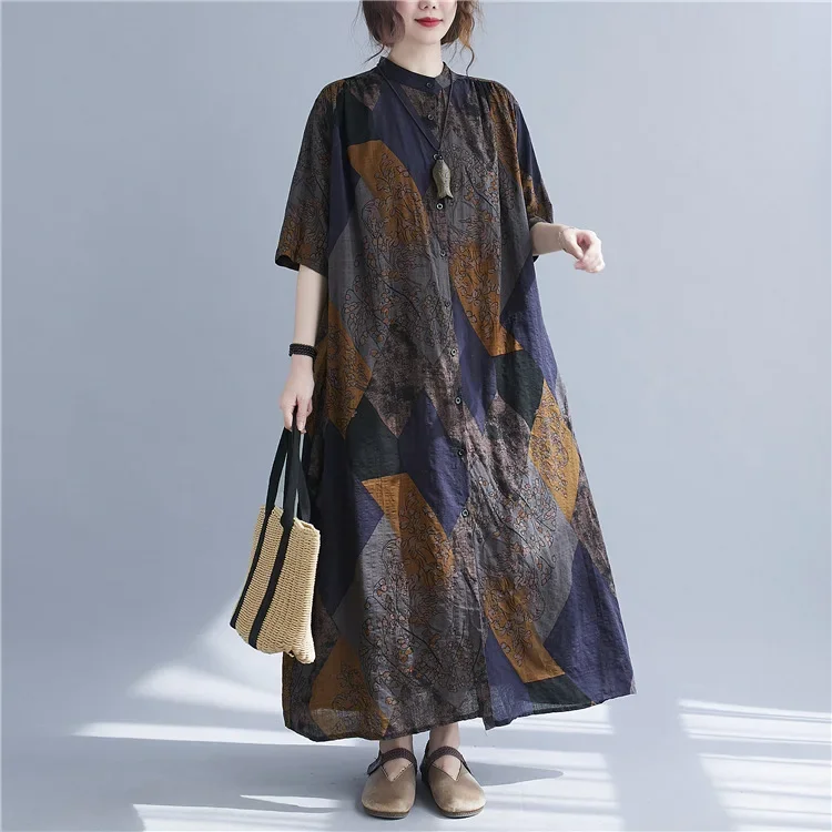 

Women Cotton Linen Shirt Dress Stand Collar Half Sleeve Long Dresses Block Print Floral Summer New Vintage Dress CY274