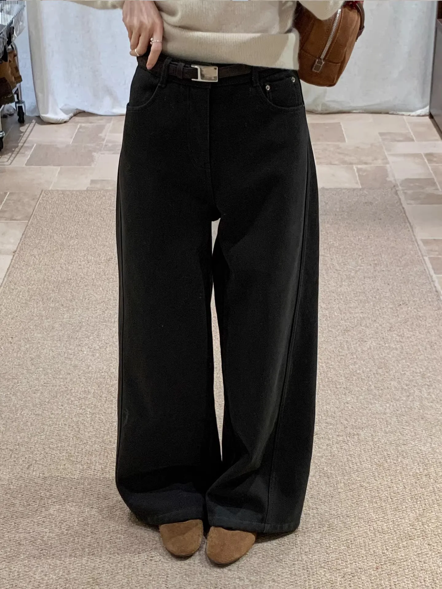 

Deep ey Fce Lined Wide Leg Casual Pants Women's Belted High Waist Korean Sle plus Size Autumn Winter Faion Sensation