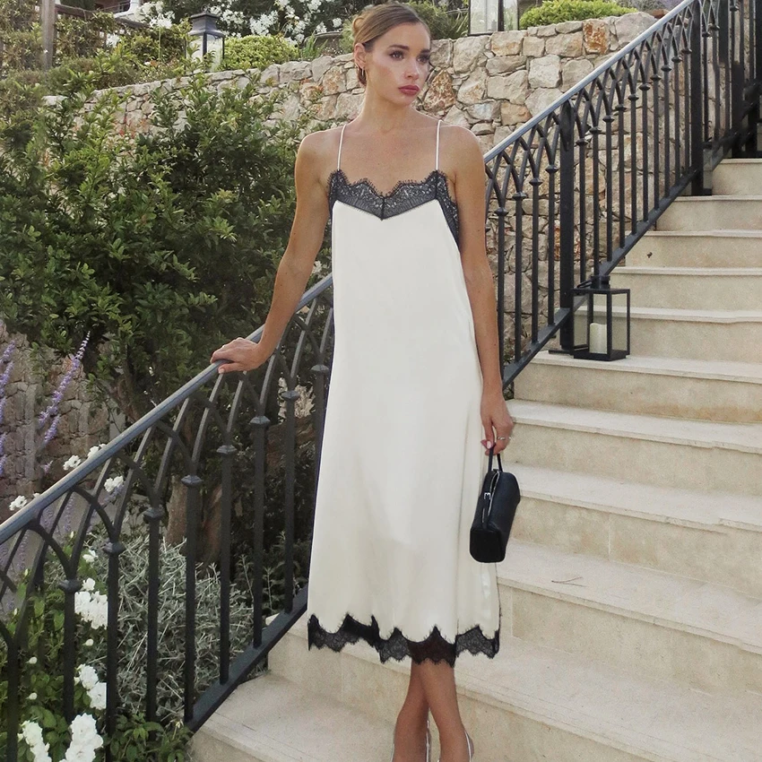 Linad sexy bege cetim renda vestidos longos outono elegante cinta de espaguete vestido fino mulher rua chique retalhos vestido sem mangas