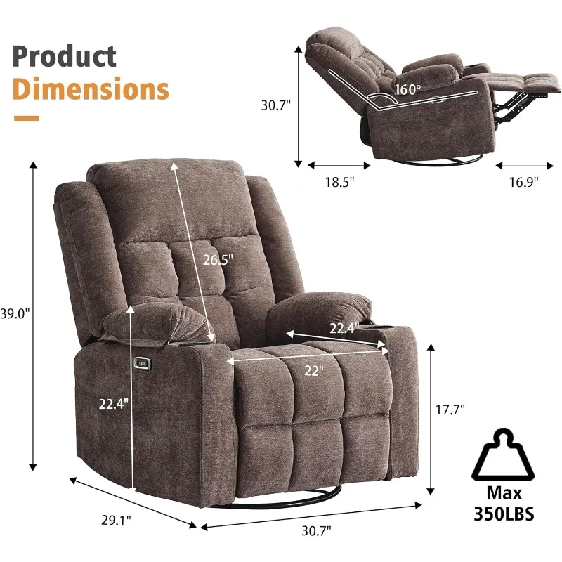 Power Swivel Rocker Recliner Chair for Adults with Massage and Heat, USB and Type-C Ports, Infinite Position