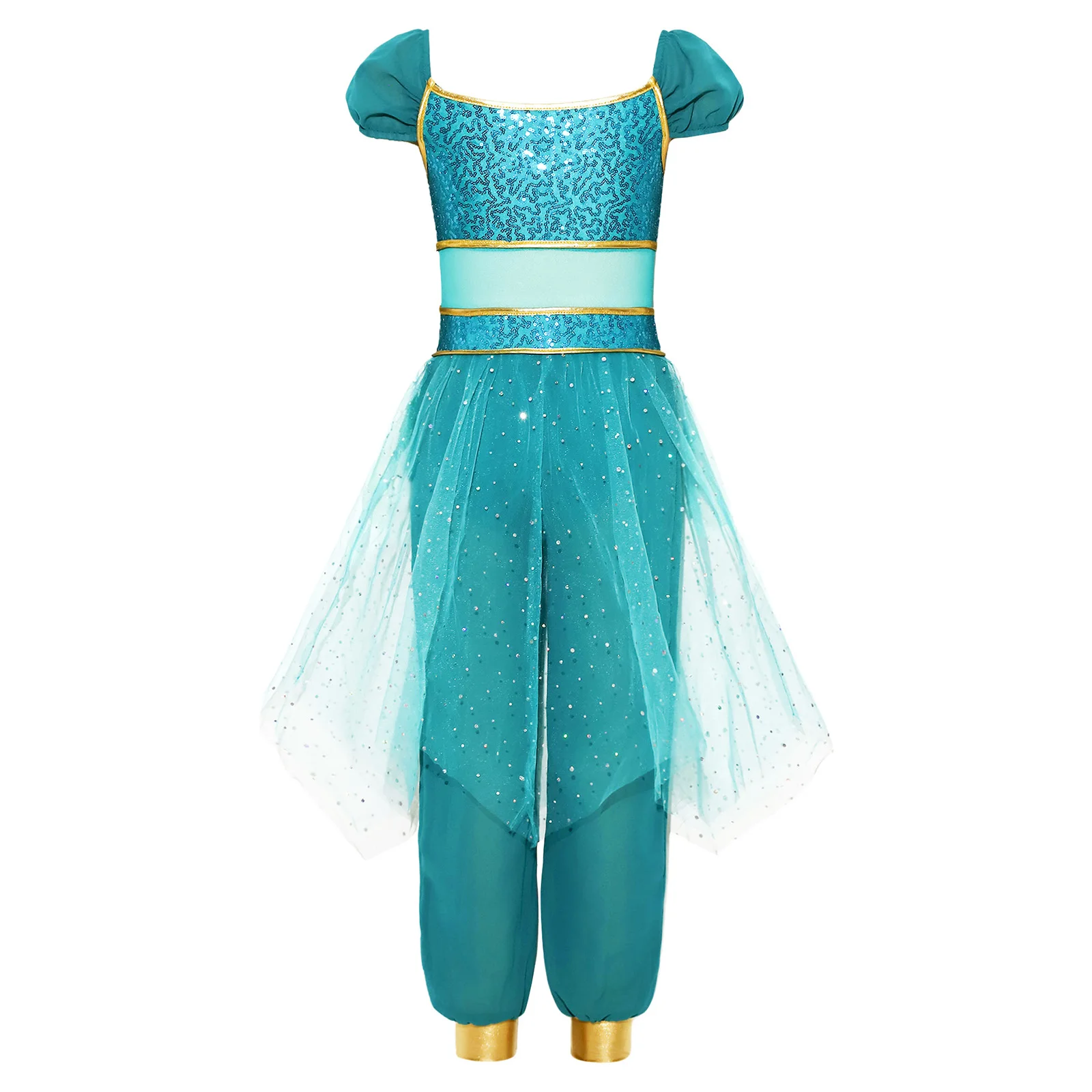 Children's Sequined Tulle Overlay Jumpsuit for Girls Arabian Princess Cosplay Costume Belly Dance Rompers for Halloween Outfit - view 2