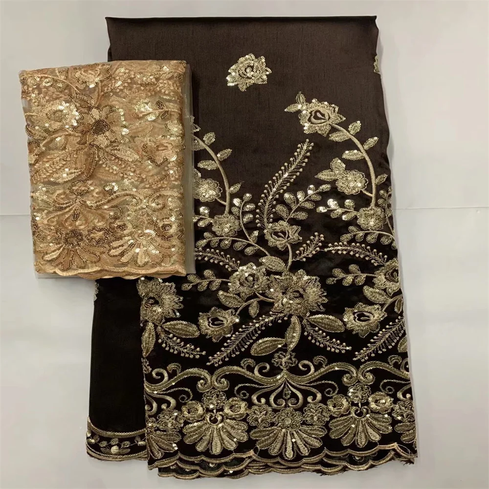 African George Lace Fabric 5+2 Yards Brown Embroidered Lace Party  Indian Satin Fabric With Sequins For Ladies Garment Zl23-1