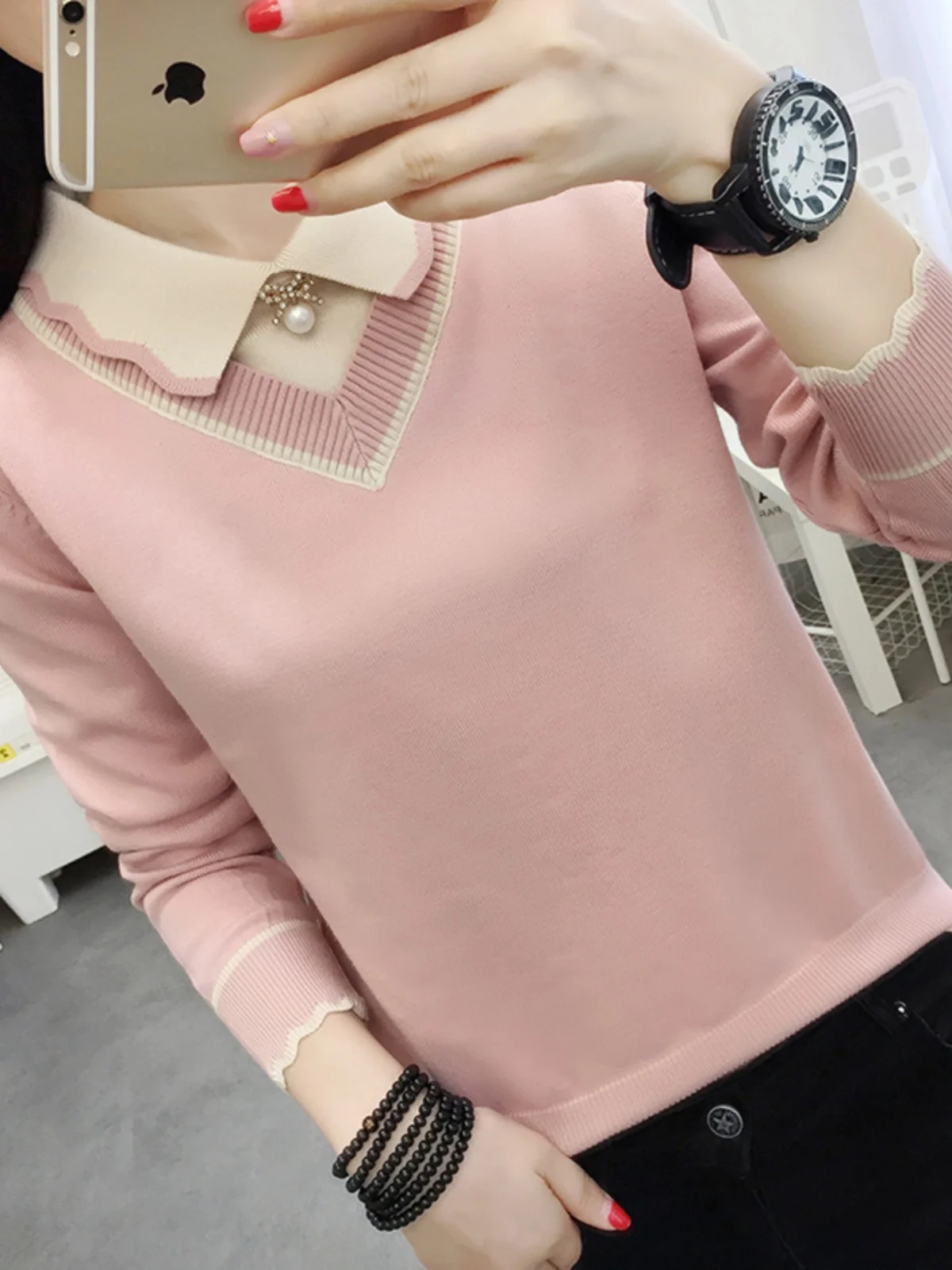 Autumn Winter Women's Knitted Sweater Fake Two-Piece Base irt Sweet Sle Slim Fit Long Sve  Collar Ultra ort Length