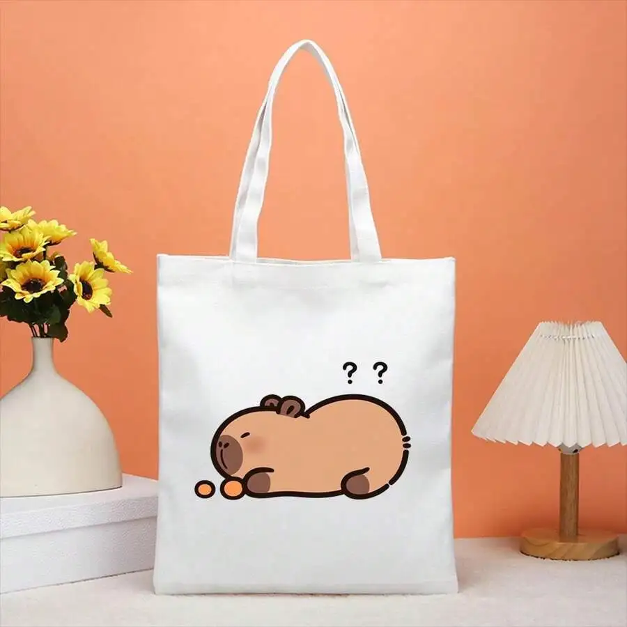 

Cotton Tote Bag With Cute Cartoon Animal Print Sleeping Capybara Design For Daily Use Shopping