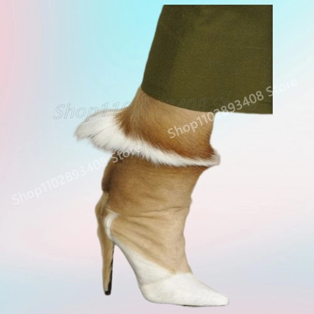 Mixed Color Feather Mid Calf Boots Runway Style Stiletto High Heel Pointy Toe New Fashion Women Shoes 2025 Zapatos Para Mujere