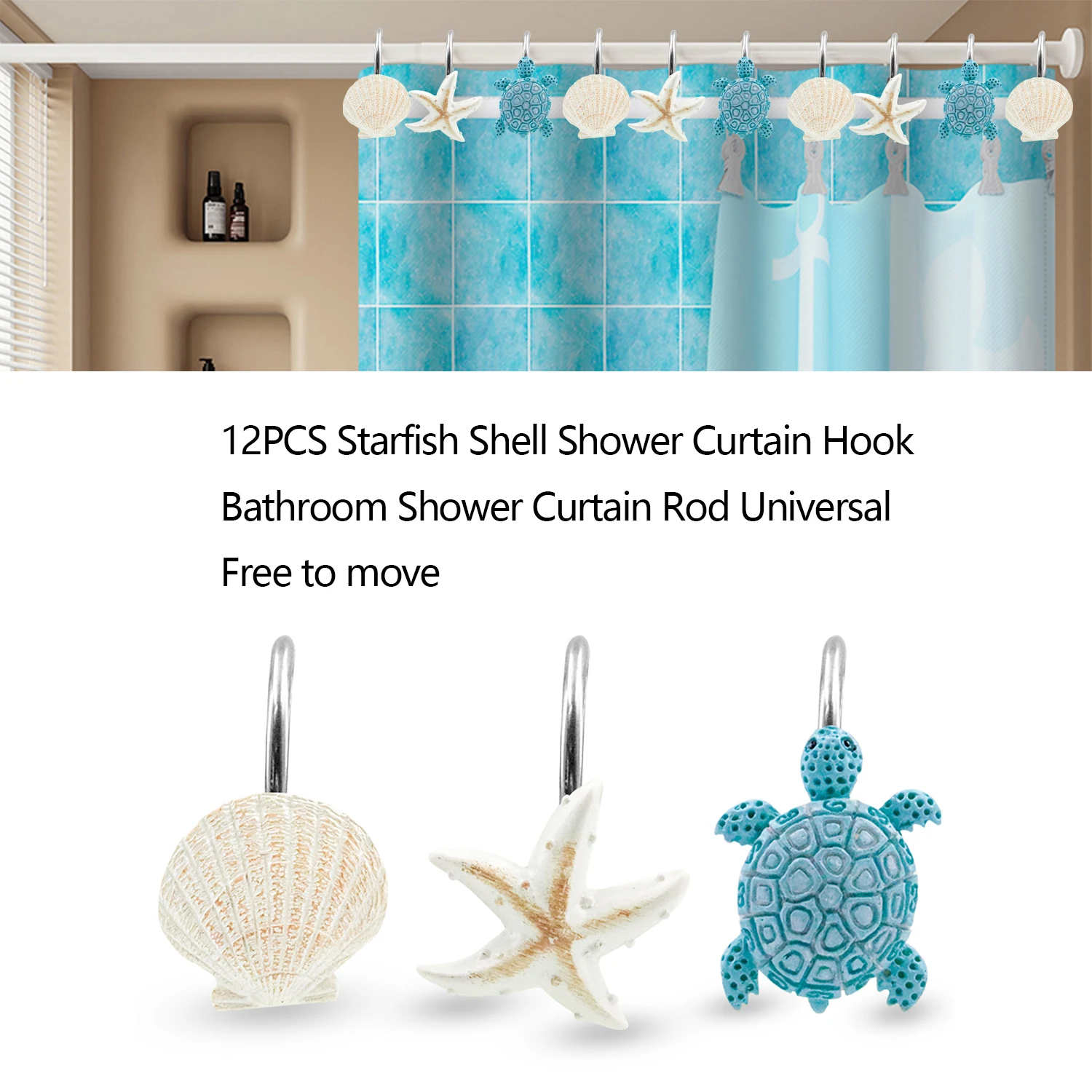12PCS Seashell Turtles Shower Curtain Hooks Rings Summer Beach Theme Rust Proof Bath Shower Hooks Bathroom Decoration