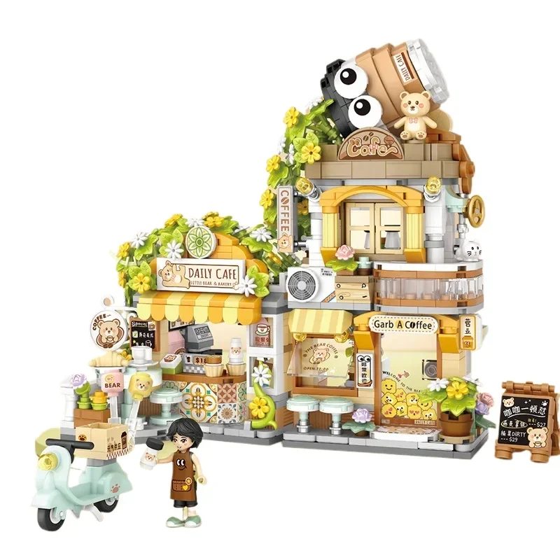 LOZ Creatieve Koffieshop Bouwsteen Sets Stad Street View DIY China Panda Theehuis Model Bricks Speelgoed Voor Kinderen Meisjes Geschenken