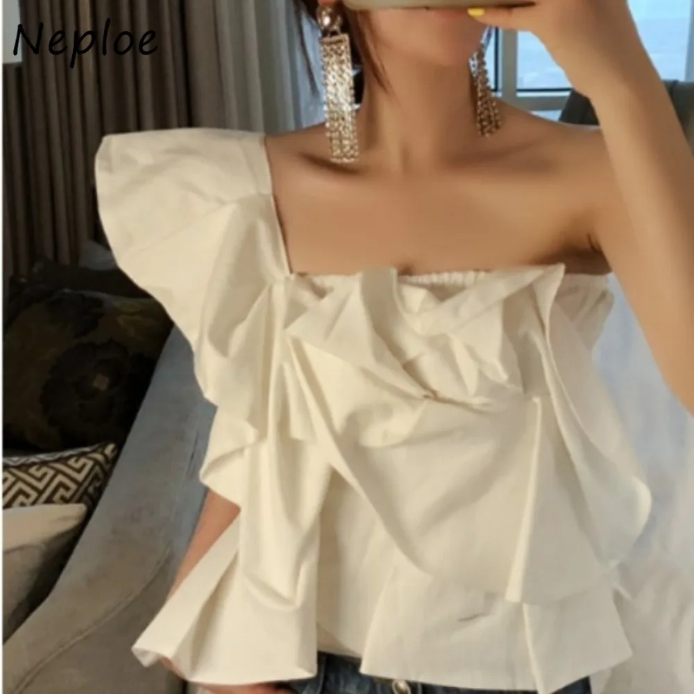 

Neploe Short Sexy Ruffles Off Shoulder Pullover Top Age Reduction Spice Girls Personalized Shirt Strapless All-match Women Mujer