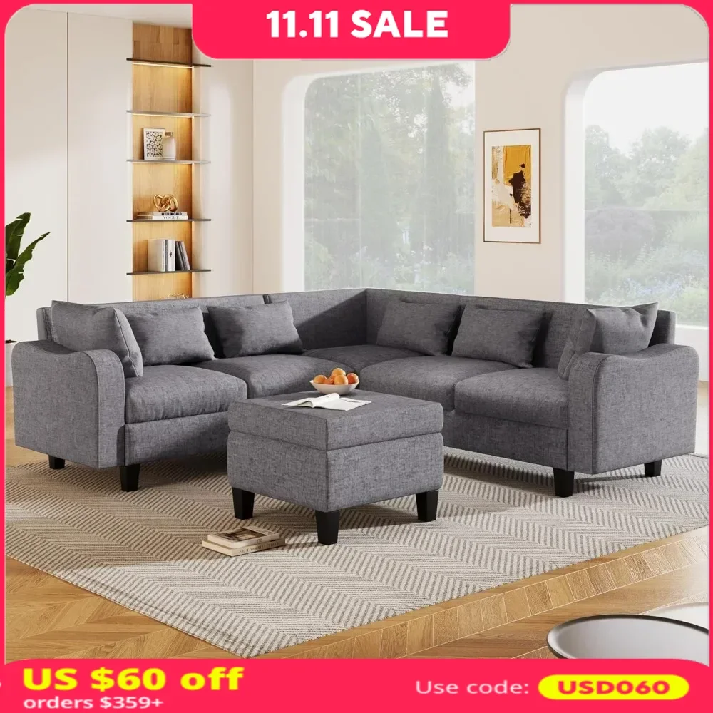 

L-Shaped Couch with Coffee Table & 6 Pillows 6Seat Sectional Sofa with Storage Ottoman & Unique Curved Armrest Convertible Sofa