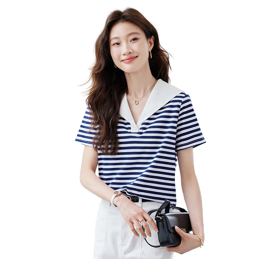 موضة الصيف قصيرة الأكمام بحار طوق المرأة تي شيرت تي شيرت مخطط المرأة بلايز Camisetas ملابس النساء الملابس التي شيرت XL307