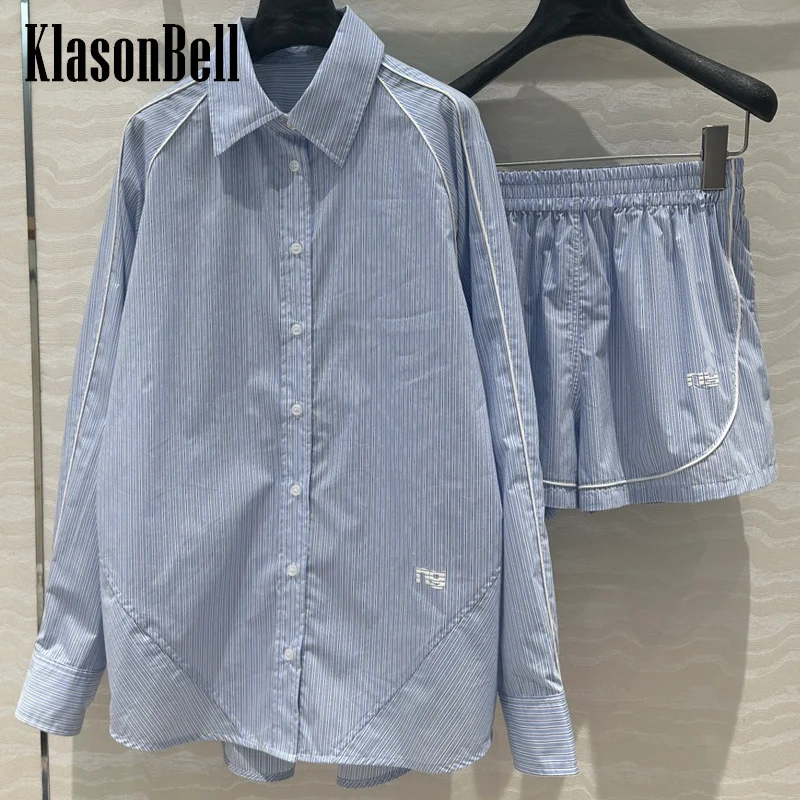 

7.23 KlasonBell Women Letter Raglan Sleeve Spliced Shirt+Elastic Waist Side Pocket Loose Shorts Set Cotton Striped 2 Piece Set