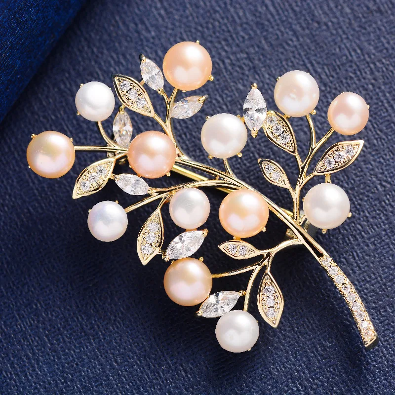 Korean New Micro-inlaid Zircon Freshwater Pearl Tree Brooch Elegant Temperament Coat Suit Accessories Pins for Women view 2