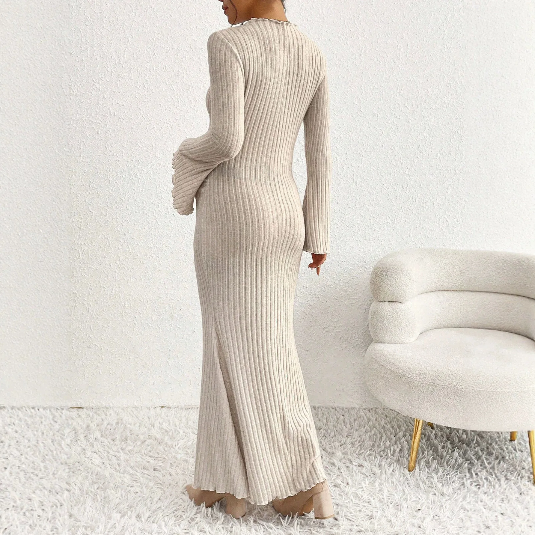 EU/US Maternity Fall/Winter Knit Dress Ruffled Flared Sleeves Mermaid Fishtail Hem Elegant & Figure-Flattering Pregnancy Women