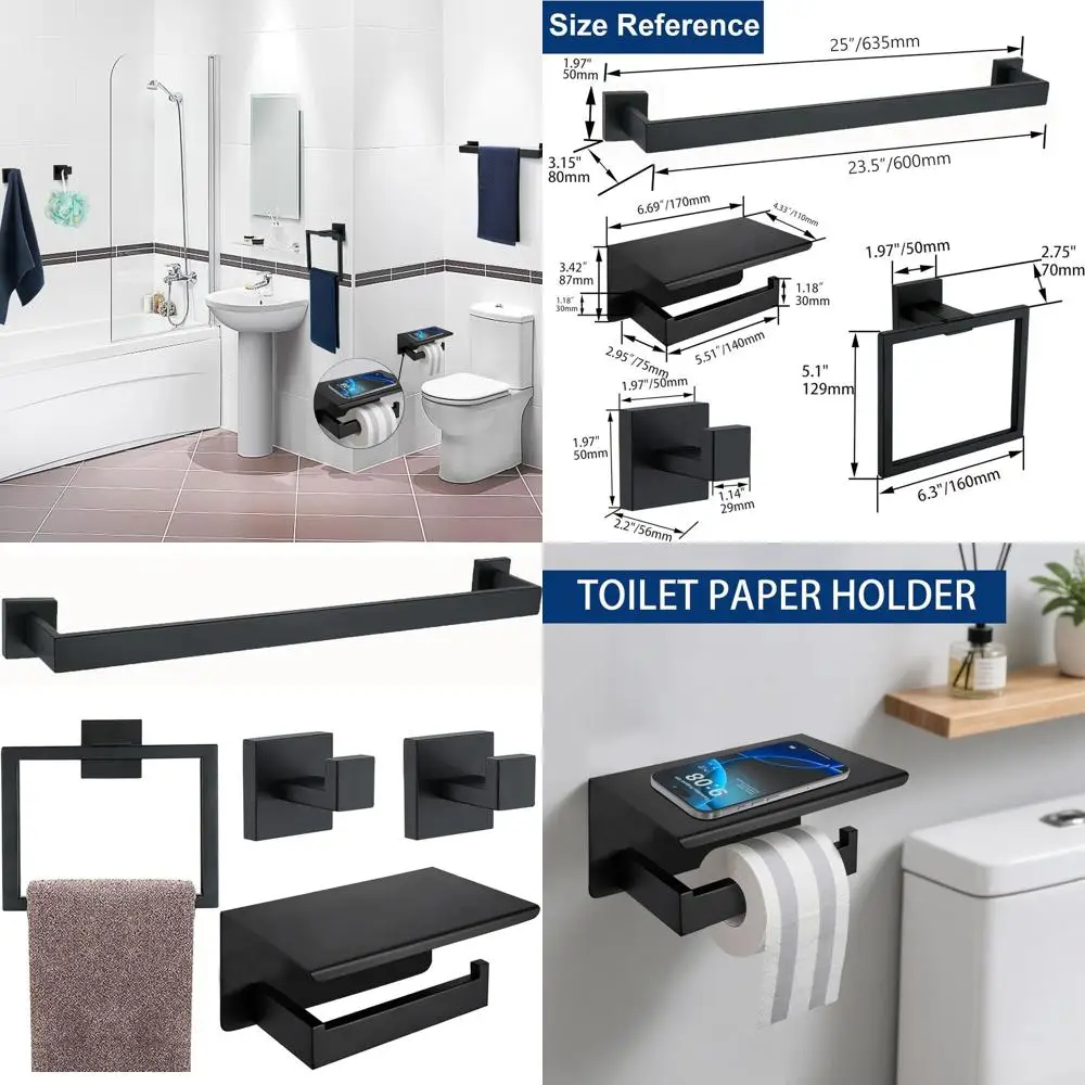 Set Aksesori Kamar Mandi Hitam Matte 24-Inci: Rak Handuk, Tempat Tisu Toilet & Rak dari Baja Tahan Karat 5 Buah
