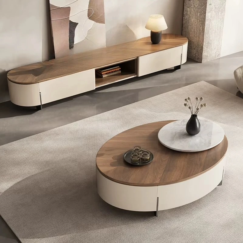 Modern TV Cabinet TV Stand Combination Modern Style Walnut with Coffee Table