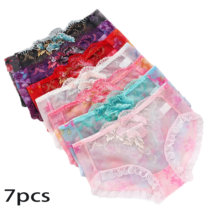 New 7 Pcs Women\'s Panties Sexy Lace Panties Lingerie Breathable High quality Transparent Briefs Elasticity Plus size40-90KG