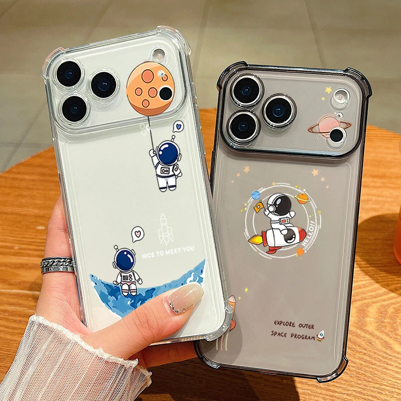 Card Slot Pocket Phone Case For iPhone Air 17 16e 16 15 Pro Max 14 13 Pro 12 11 Cute Astronaut Shockproof Clear Soft TPU Cover