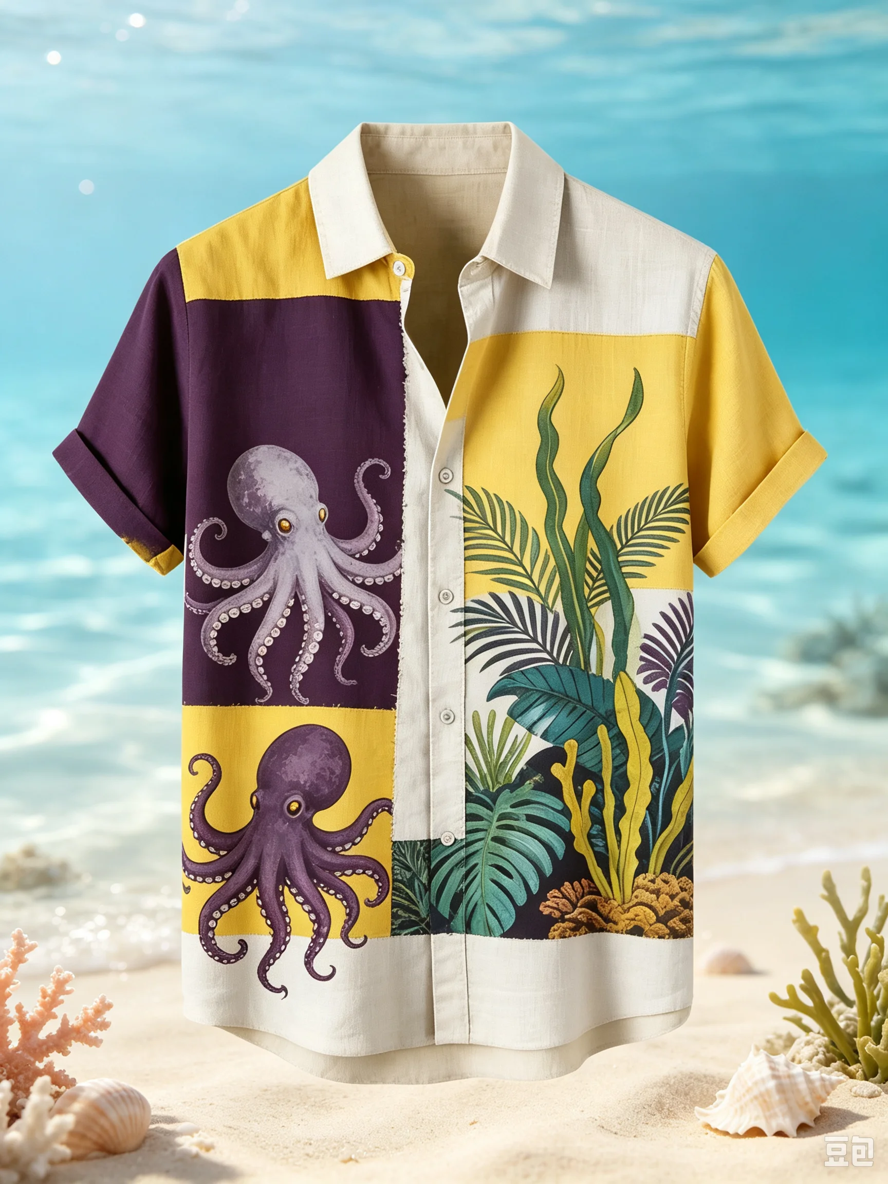 Men's Summer New Linen short-sleeved Shirt Blue Ocean Fun 3D Printed Shirt Outdoor Leisure Fishing Shirt men's Fast Delivery