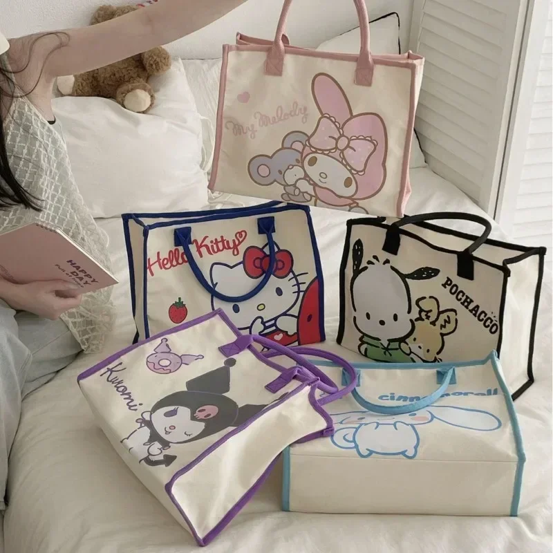 Sanrio Cartoon Kuromi Hello Kitty Printed Canvas Bag Women's Shoulder Bag Fashionable and Versatile Underarm Tote