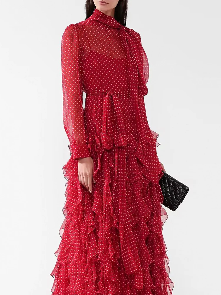 Sxthaenoo chique polka-dot vestidos femininos mangas compridas em camadas a linha vestidos de festa moda diária escritório tornozelo comprimento vestidos de noite