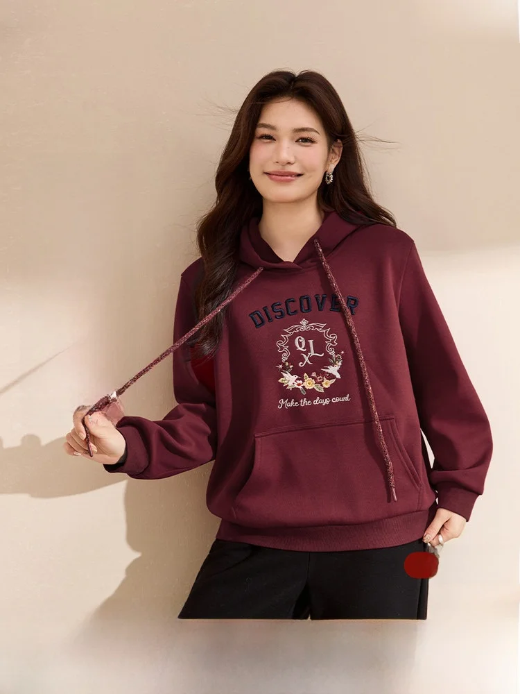 

Утепленное худи с вышивкой и художественным ретро-дизайном для полных женщин, новинка зимы, комфортное, из смесового хлопка