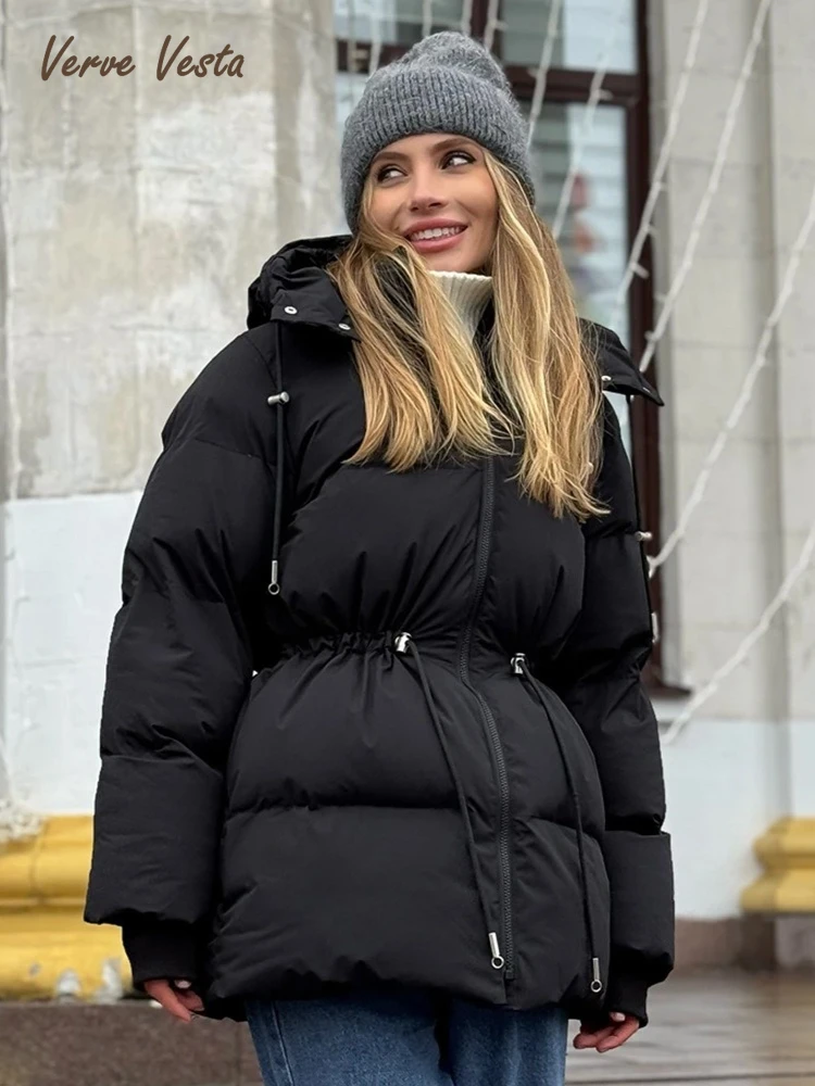 

Новое зимнее поступление, женское пуховое пальто средней длины с капюшоном и шнурком на талии, пуховик с капюшоном