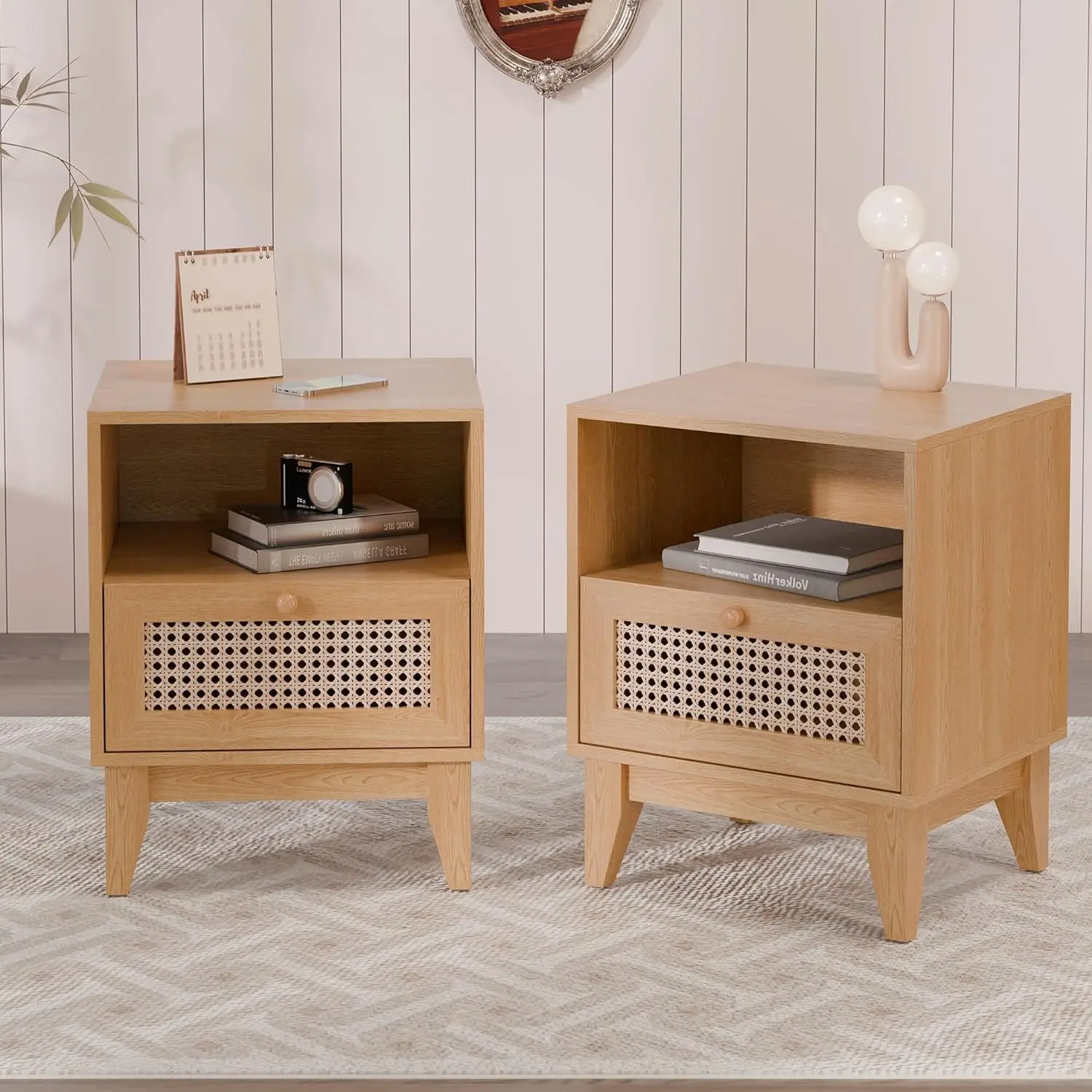 

Modern Wicker Rattan Stand Set of 2, Rattan Stand with Drawer and Small Space, Wooden Side Table for Small Spaces