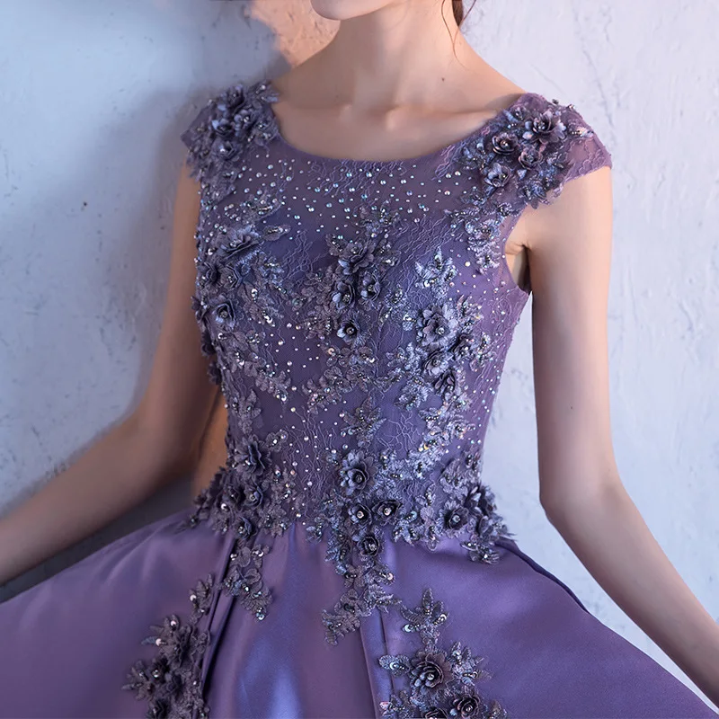 Purple O-neck Sequined Sleeveless Evening Dresses Long Beading Floral Elegant Court Train Vestidos Elegantes Backless Satin Gown