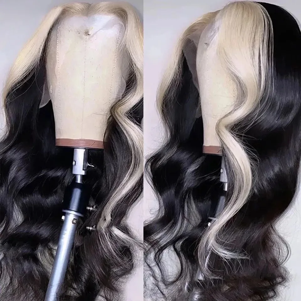 Black Highlight White Wig Body Wave Lace Frontal Wigs 13X4 HD Lace Wig Synthetic High Quality Heat Resistant Daily Wear Cosplay