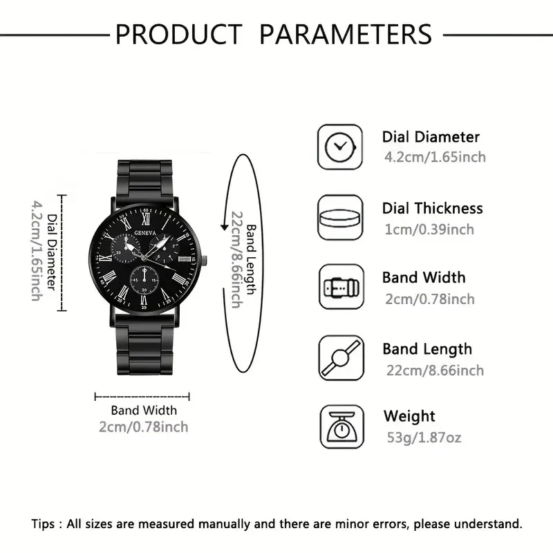 Men's Cool Black Round Roman Digital Quartz Watch+Accessories Set, Casual Business Sports Style, Men's Watch Set (No Box)