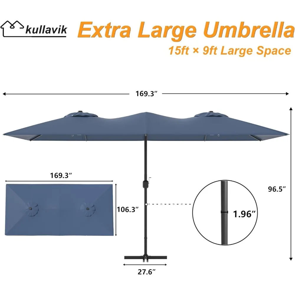 طقم طاولة طعام 10 قطع لـ 8 مع مظلة فناء كبيرة بطول 15 قدم (كحلي)، كراسي خلفية بنمط السياج، كراسي دوارة وطاولة حديدية طويلة