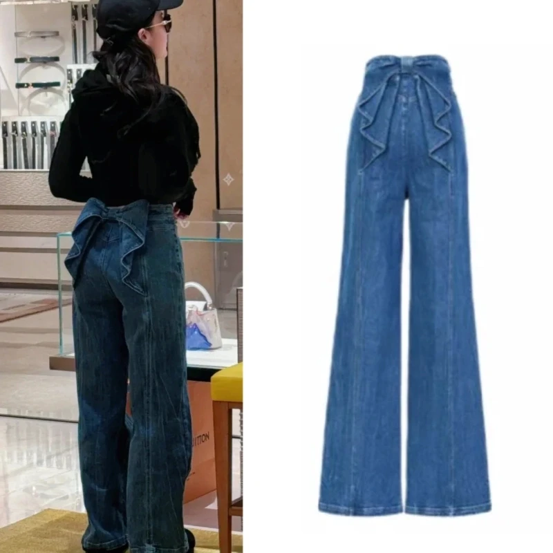 

Джинсы с широкими штанинами и синим бантом, женские, в стиле ретро, с высокой талией, прямого кроя, из денима, для весны и осени, обычные...