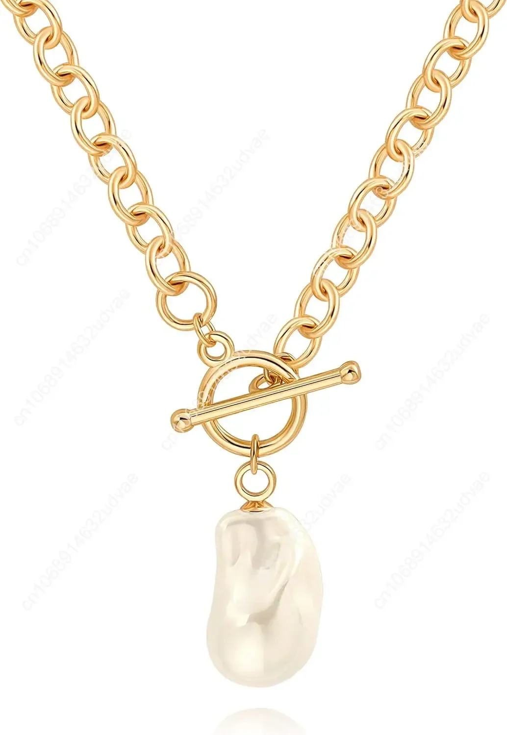 

Gold Chain Link Necklace for Women, Baroque Pearl/Compass Pendant Necklace