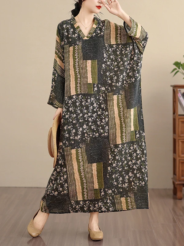 ربيع 2026 المرأة القطن لين دكتور V-Ne السفر الطويل عادية Sle الأزهار طباعة عطلة جوية فضفاضة الخصر تسعة Sve